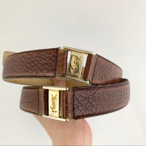 YSL Vintage Unisex Logo Brown Gold Leather Belt